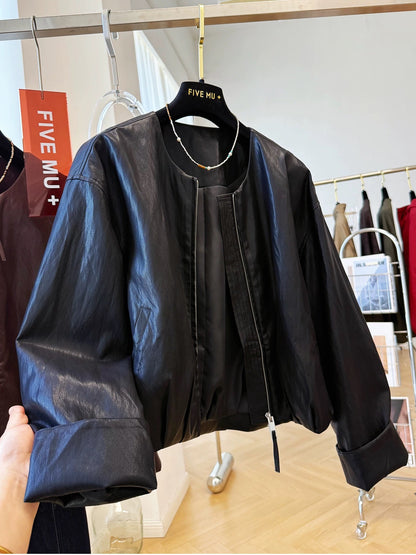 2025 unique super hot round neck small leather jacket for women autumn high-end feeling super good-looking small short pu leather jacket coat