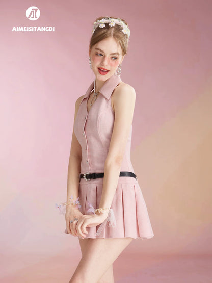 French temperament style pattern dress for women high-end exquisite sweet and spicy waist halter neck pleated small dress