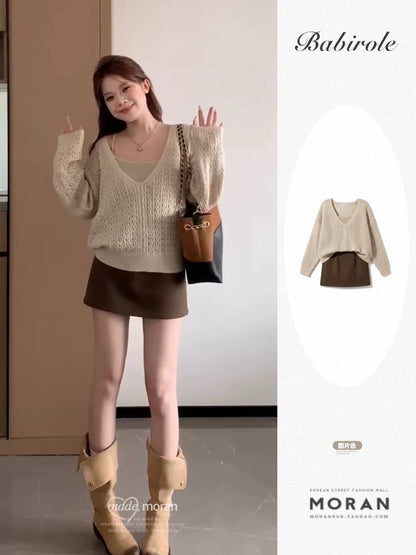 This two-piece set is super cute for autumn! It's a pretty Korean-style knitted cardigan and skirt set perfect for petite women.