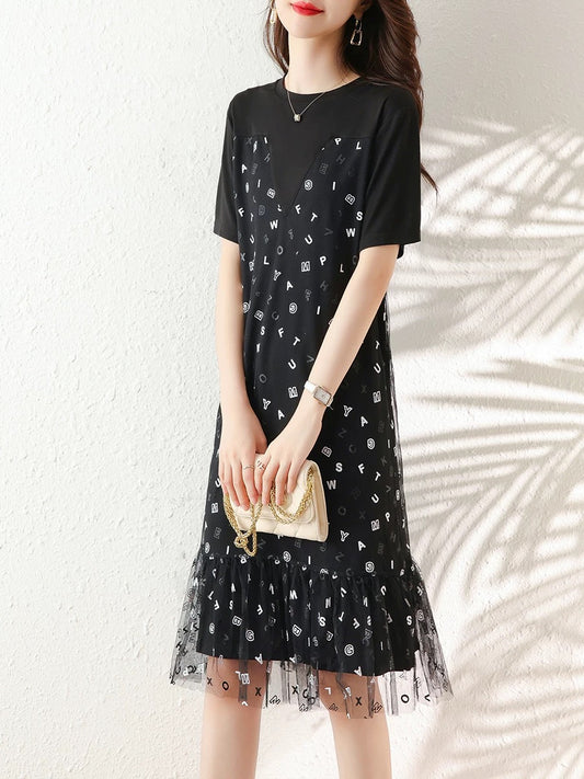 2025 summer new loose slim temperament mesh A-line skirt mesh fake two-piece black floral dress for women