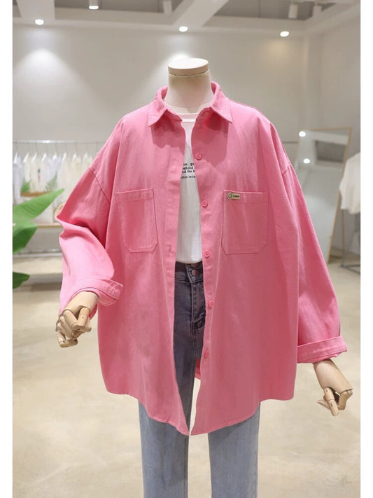 Korean style double pocket small smile patch 2024 spring loose mid-length washed cotton denim long-sleeved shirt for women