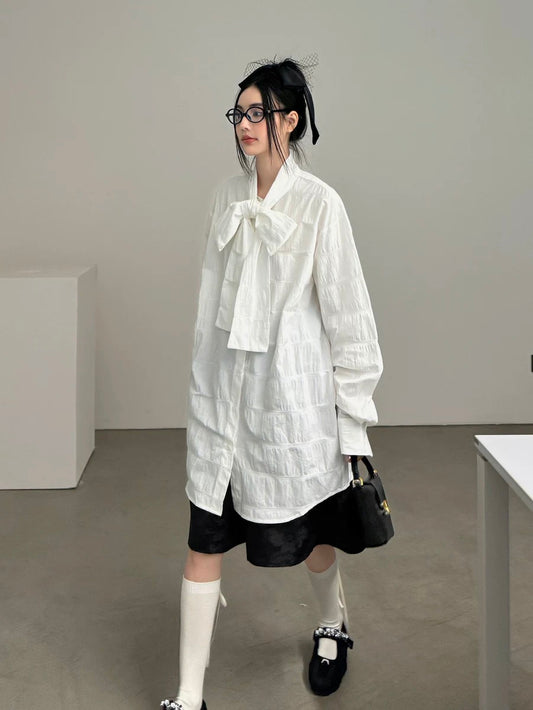 ddgirl "BLOSSOM" mid-length slim bow-neck white long-sleeved shirt with hip-covering top