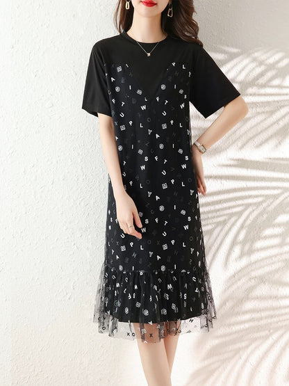 2025 summer new loose slim temperament mesh A-line skirt mesh fake two-piece black floral dress for women