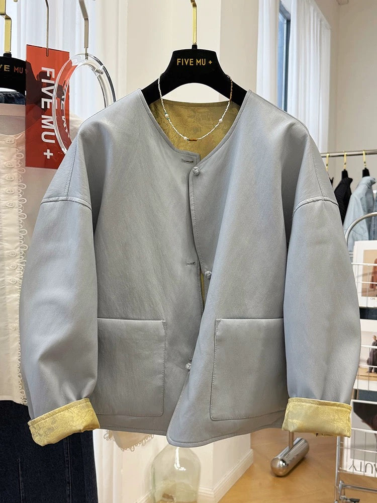 2025 super hot high-end new Chinese style light national style round neck pu leather jacket women's autumn two-sided leather jacket