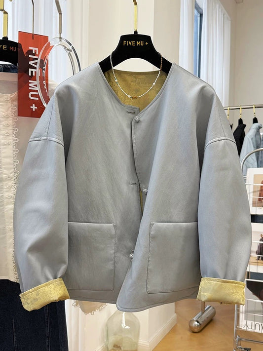 2025 super hot high-end new Chinese style light national style round neck pu leather jacket women's autumn two-sided leather jacket