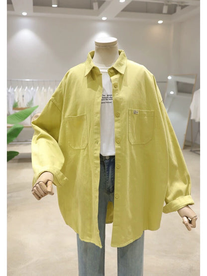 Korean style double pocket small smile patch 2024 spring loose mid-length washed cotton denim long-sleeved shirt for women