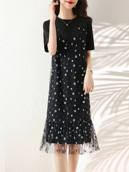 2025 summer new loose slim temperament mesh A-line skirt mesh fake two-piece black floral dress for women