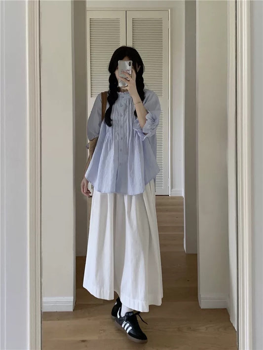 PPHOME Sweetheart Milk Bag ~ Gentle style fried street milk suit puff sleeves loose temperament shirt half skirt