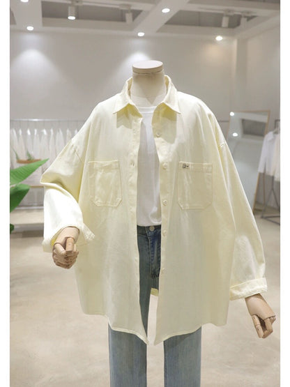 Korean style double pocket small smile patch 2024 spring loose mid-length washed cotton denim long-sleeved shirt for women