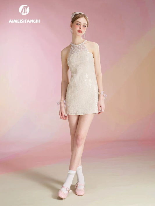 Summer super beautiful halter neck sequin dress women's small A-line slim hip skirt French style daily small dress