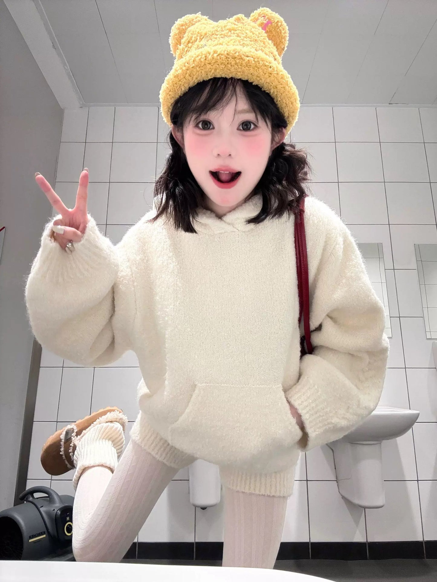 Soft and cozy style white women's autumn and winter loose sweatshirt and knitwear two-piece set