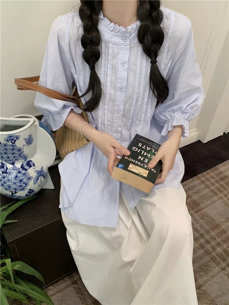 PPHOME Sweetheart Milk Bag ~ Gentle style fried street milk suit puff sleeves loose temperament shirt half skirt
