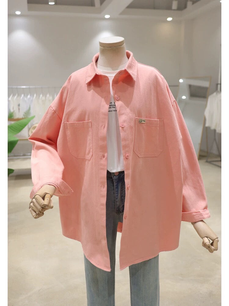 Korean style double pocket small smile patch 2024 spring loose mid-length washed cotton denim long-sleeved shirt for women