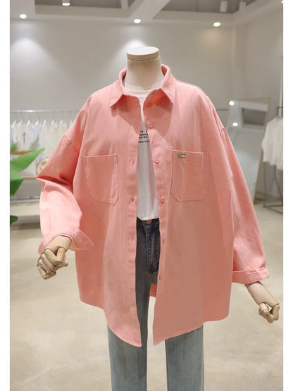 Korean style double pocket small smile patch 2024 spring loose mid-length washed cotton denim long-sleeved shirt for women