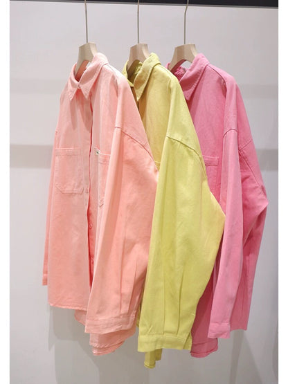 Korean style double pocket small smile patch 2024 spring loose mid-length washed cotton denim long-sleeved shirt for women
