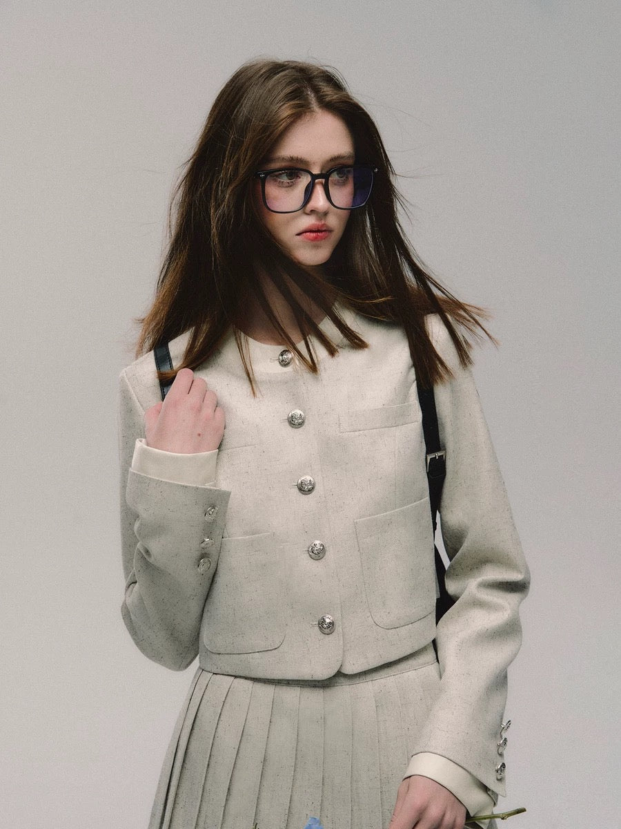 OAKMOO/"Magnolia" classic round neck small fragrance suit for women spring short coat pleated skirt two-piece set