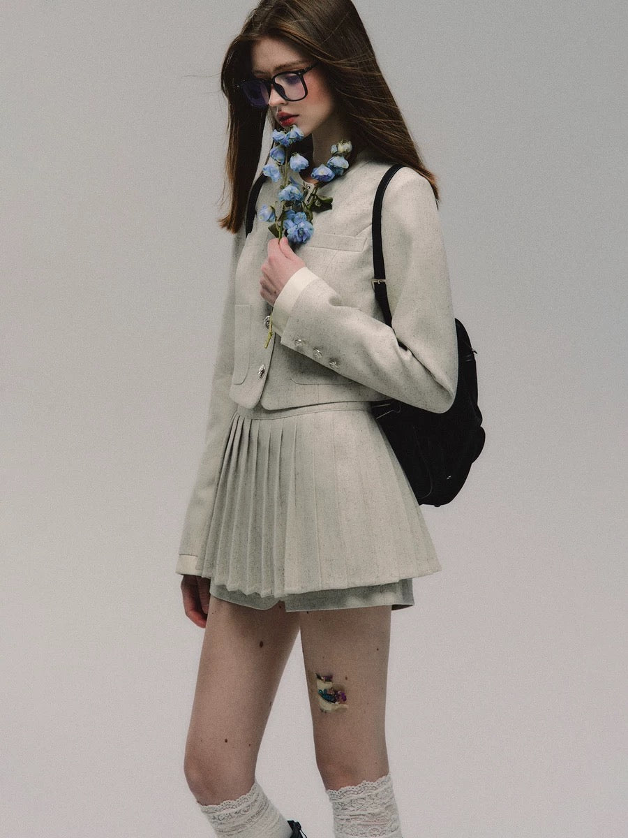 OAKMOO/"Magnolia" classic round neck small fragrance suit for women spring short coat pleated skirt two-piece set