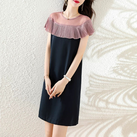 Chiffon dress women's loose straight skirt little black dress European station 2025 summer new splicing one-line collar