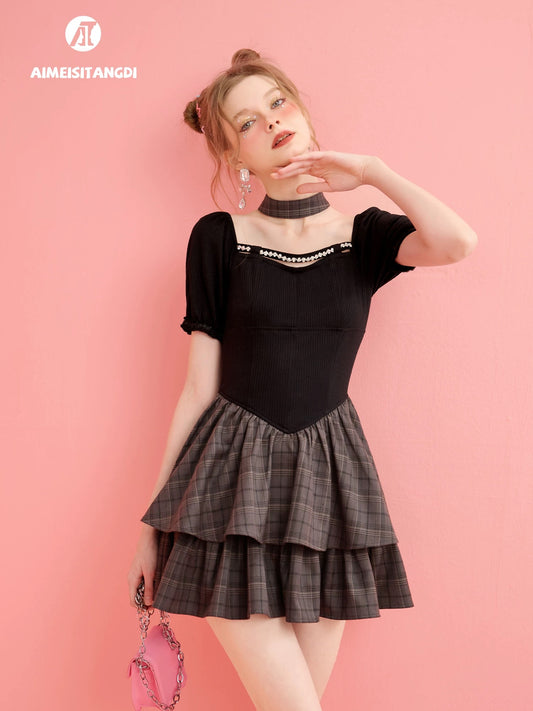 French niche design plaid dress female summer birthday party date party daily small dress cake skirt