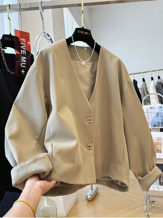 Korean style high-end wear very good-looking V-neck bat sleeve casual suit jacket women's autumn loose jacket ins