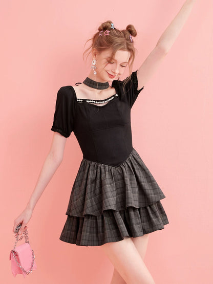 French niche design plaid dress female summer birthday party date party daily small dress cake skirt