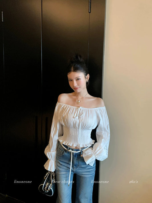 LINONEONE Parisian Afternoon: French Romantic Off-Shoulder Lace Textured White Shirt (100% Cotton)