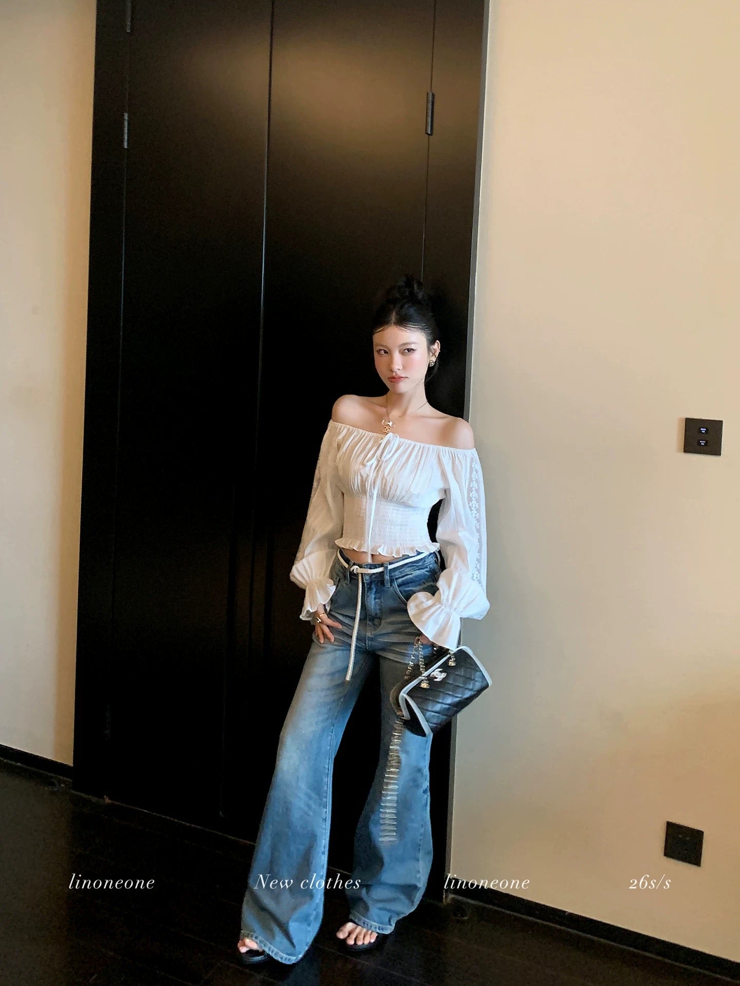 LINONEONE Parisian Afternoon: French Romantic Off-Shoulder Lace Textured White Shirt (100% Cotton)