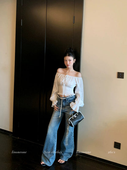 LINONEONE Parisian Afternoon: French Romantic Off-Shoulder Lace Textured White Shirt (100% Cotton)