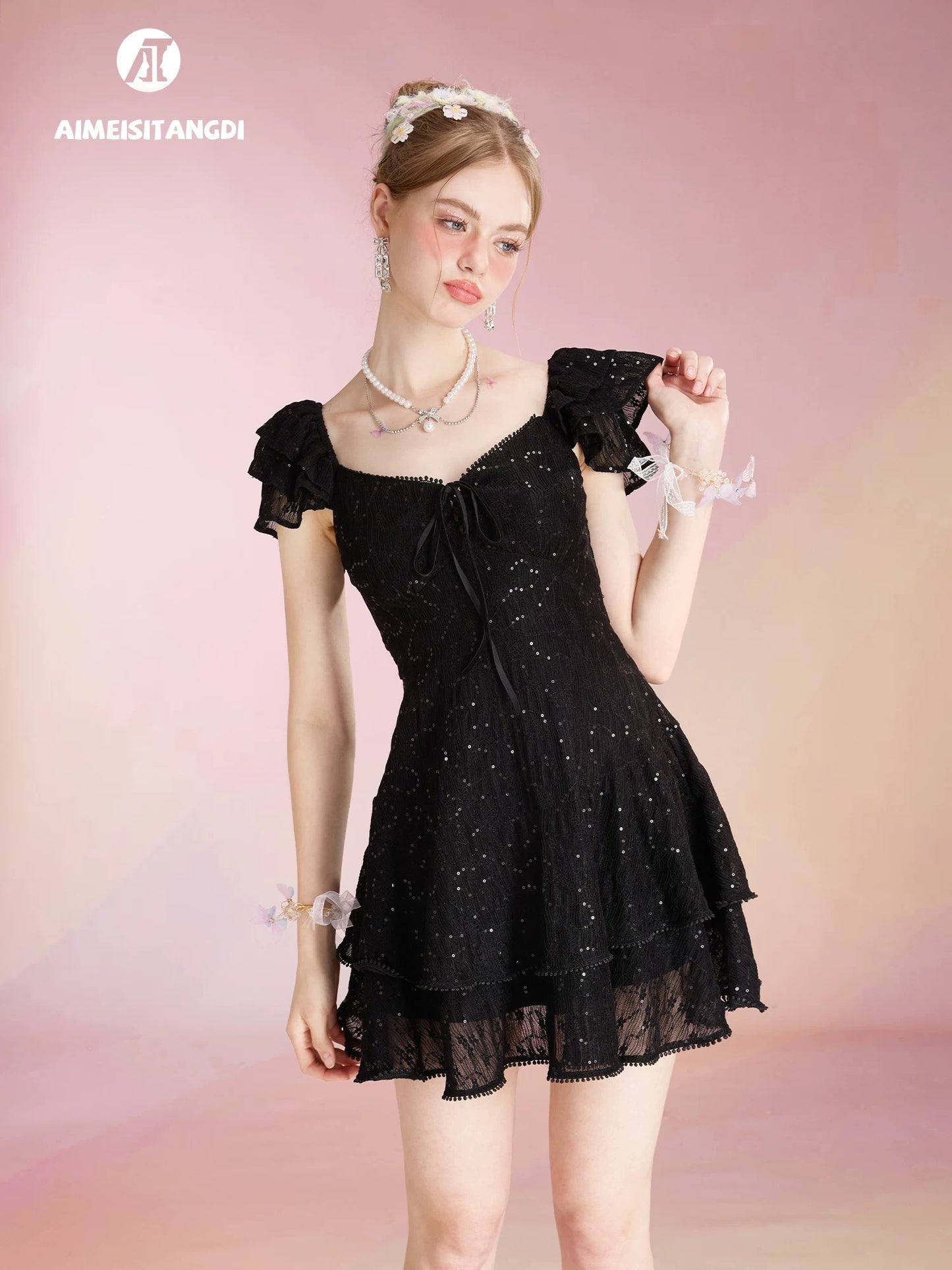 Jacquard sequin dress for women with flying sleeves, French temperament cake dress, daily date, birthday party, small dress
