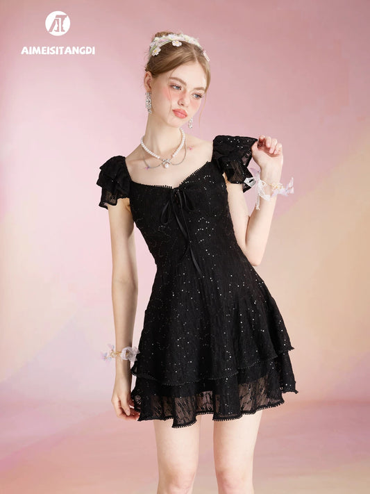 Jacquard sequin dress for women with flying sleeves, French temperament cake dress, daily date, birthday party, small dress