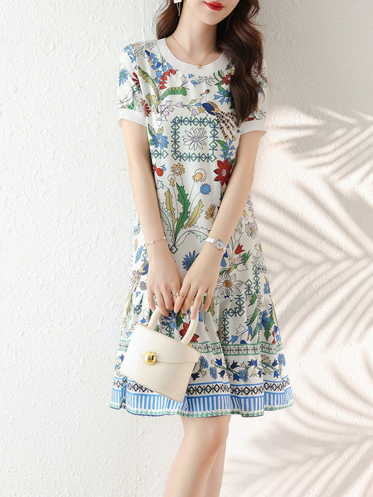 Summer 2025 new women's loose slim printed straight skirt fashionable fat MM short-sleeved chiffon dress trendy