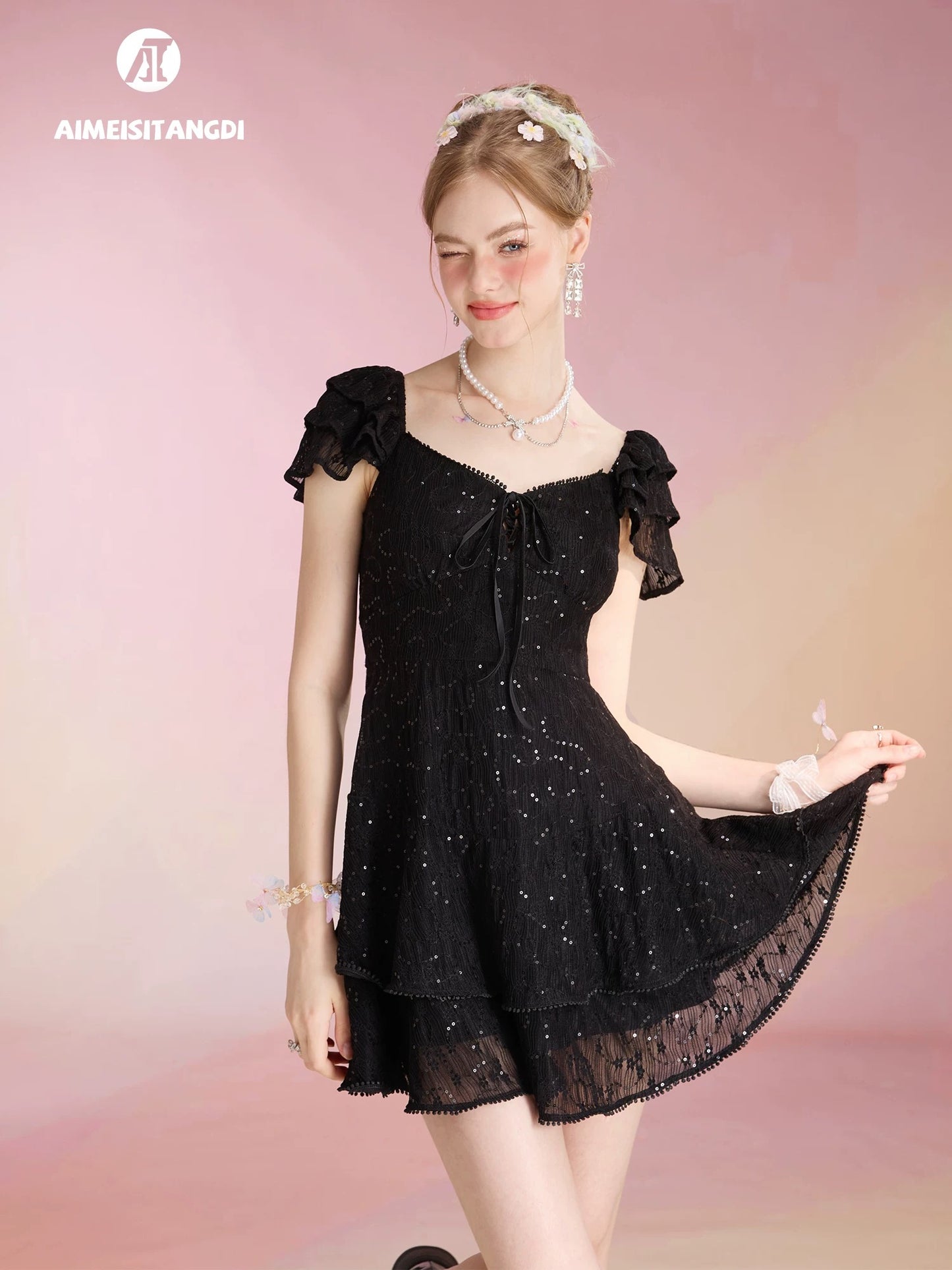 Jacquard sequin dress for women with flying sleeves, French temperament cake dress, daily date, birthday party, small dress