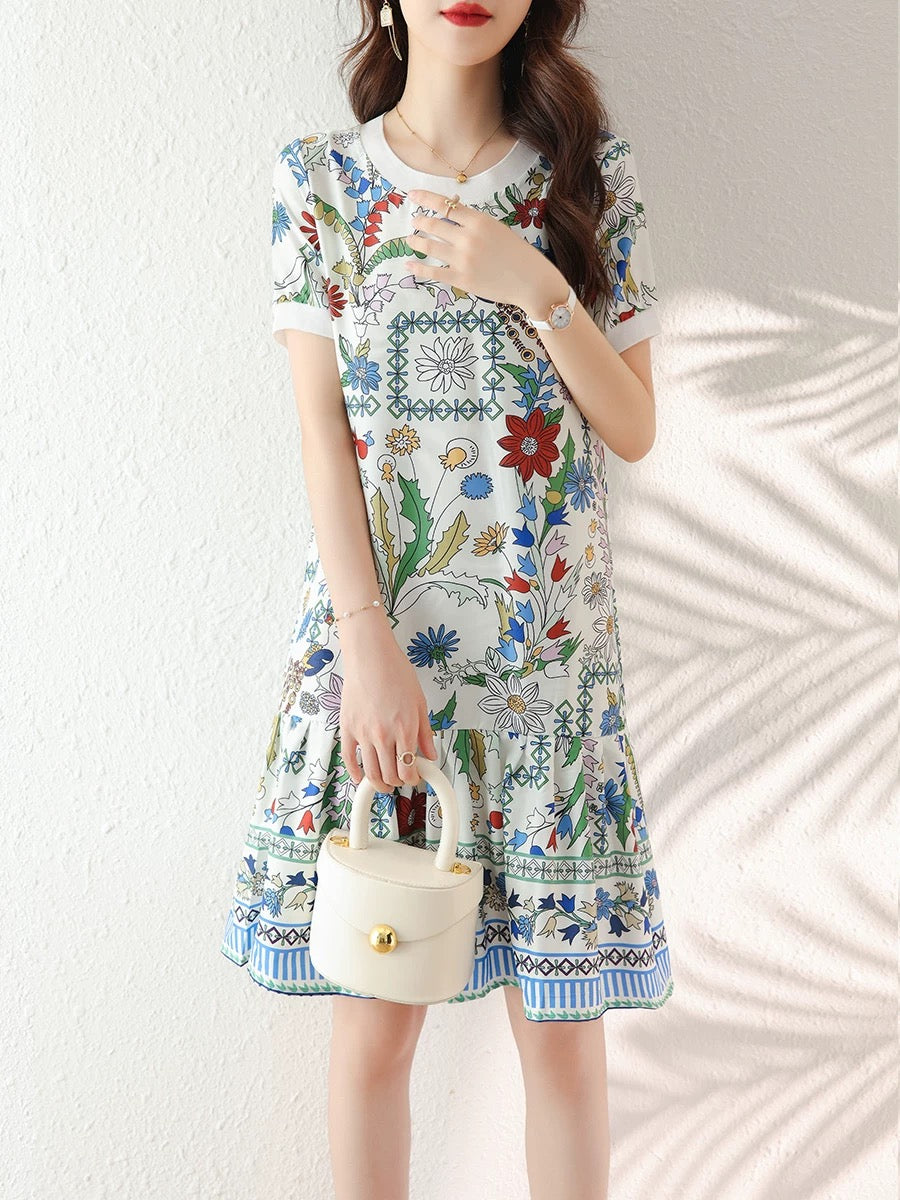 Summer 2025 new women's loose slim printed straight skirt fashionable fat MM short-sleeved chiffon dress trendy