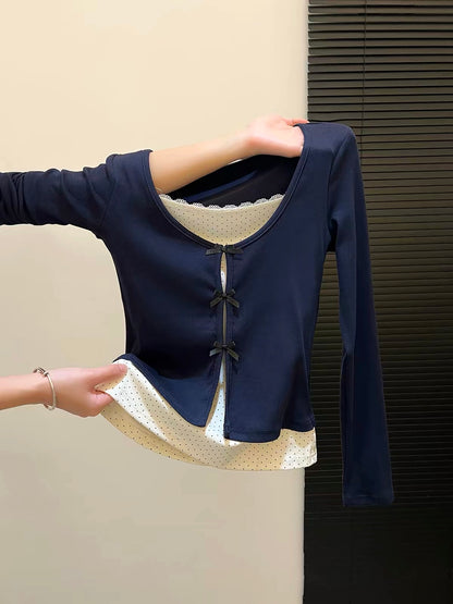 A personal favorite—women’s long-sleeve T-shirt for autumn, featuring a "faux-layered" design, contrasting lace detailing, and a bow accent; a flattering, slimming top.