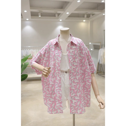 Summer comfortable full body cat print 2024 versatile loose slimming mid-length breathable cotton short-sleeved shirt for women
