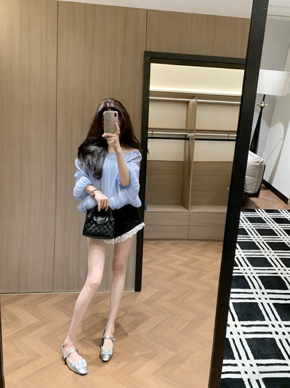 Leathercat Off-Shoulder Shirt, Summer 2026 Collection: Exquisite French Chiffon with Unique Pleats, New Style.