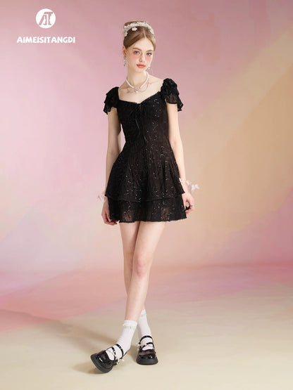 Jacquard sequin dress for women with flying sleeves, French temperament cake dress, daily date, birthday party, small dress