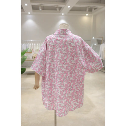 Summer comfortable full body cat print 2024 versatile loose slimming mid-length breathable cotton short-sleeved shirt for women