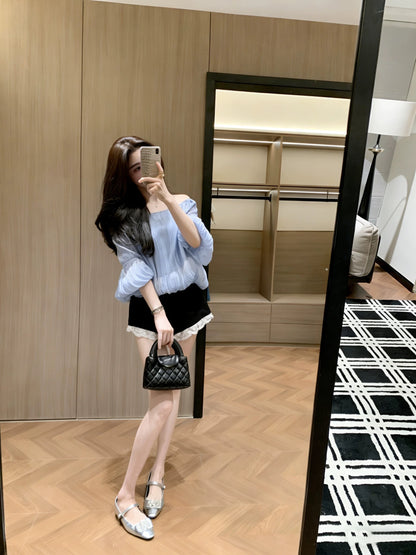 Leathercat Off-Shoulder Shirt, Summer 2026 Collection: Exquisite French Chiffon with Unique Pleats, New Style.