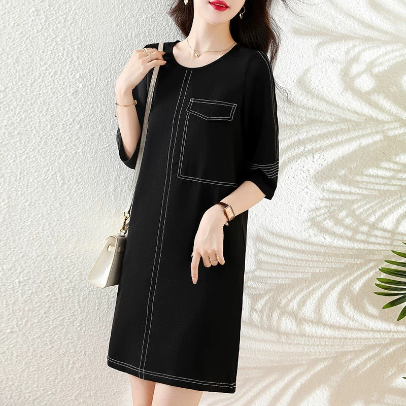 2025 Spring and Autumn new loose large size fat mm slim acetate fashionable and elegant black three-quarter sleeve dress women's clothing