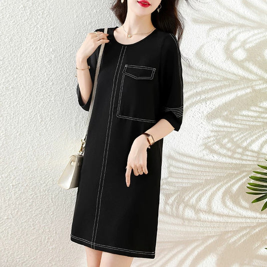 2025 Spring and Autumn new loose large size fat mm slim acetate fashionable and elegant black three-quarter sleeve dress women's clothing