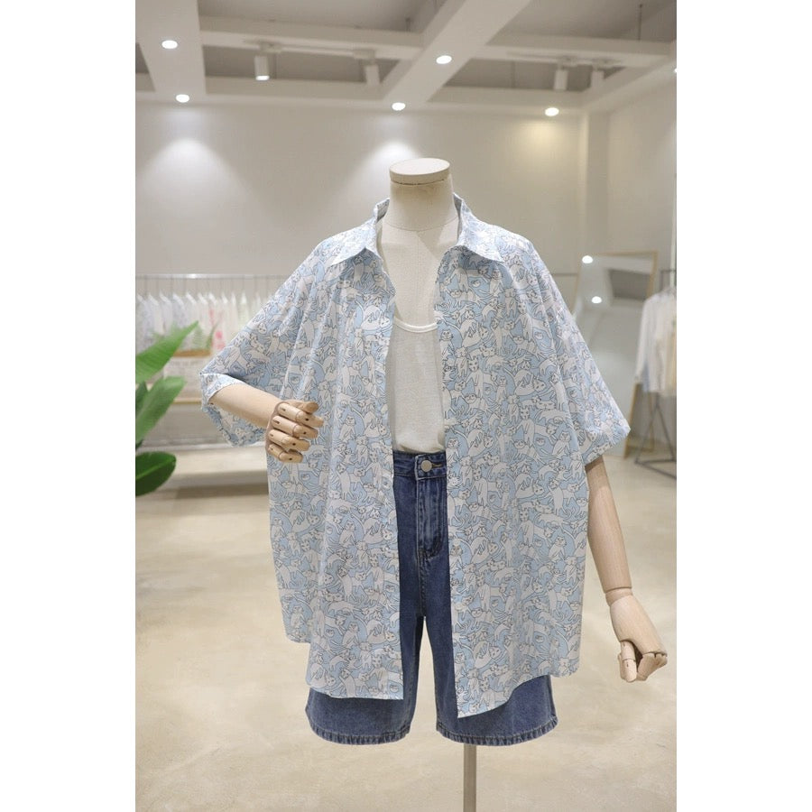 Summer comfortable full body cat print 2024 versatile loose slimming mid-length breathable cotton short-sleeved shirt for women