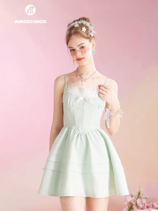 Summer lace one-shoulder suspender dress for women butterfly pattern jacquard slim fit French A-line skirt