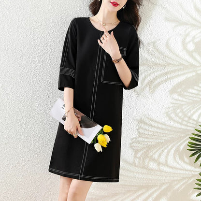 2025 Spring and Autumn new loose large size fat mm slim acetate fashionable and elegant black three-quarter sleeve dress women's clothing