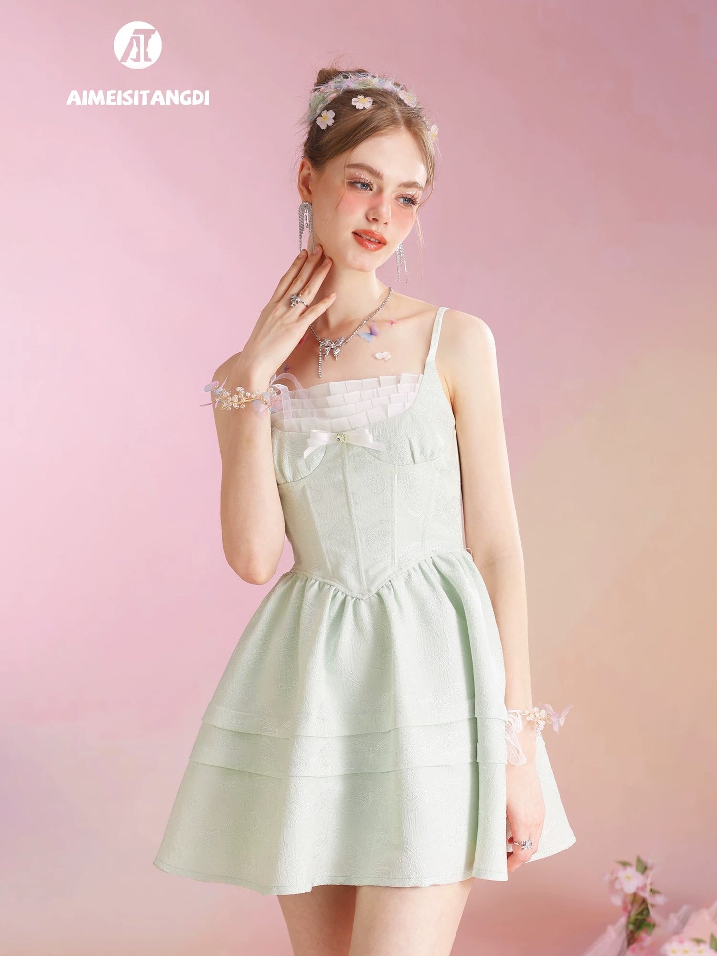 Summer lace one-shoulder suspender dress for women butterfly pattern jacquard slim fit French A-line skirt