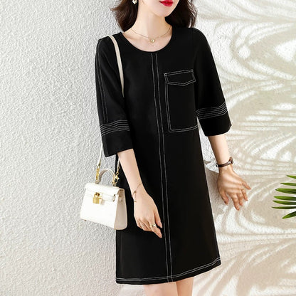 2025 Spring and Autumn new loose large size fat mm slim acetate fashionable and elegant black three-quarter sleeve dress women's clothing