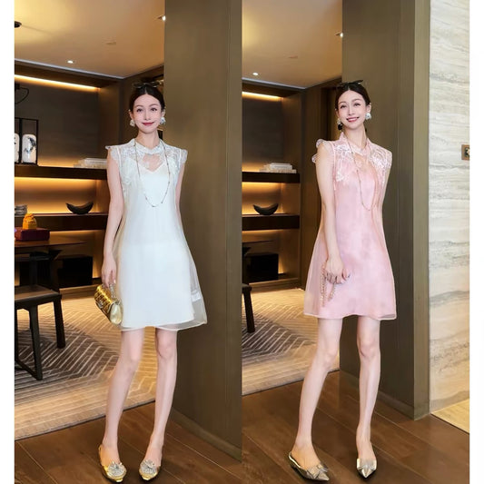 Wang Haha [Beauty Like Jade] Summer 2026 New Arrival: 100% Mulberry Silk Sleeveless Dress with Lace Embroidery