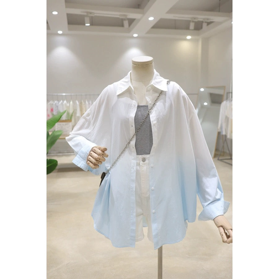 Light and drapey fresh gradient color 2024 summer slightly see-through loose slimming mid-length long-sleeved thin sunscreen shirt for women