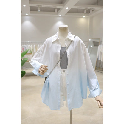 Light and drapey fresh gradient color 2024 summer slightly see-through loose slimming mid-length long-sleeved thin sunscreen shirt for women