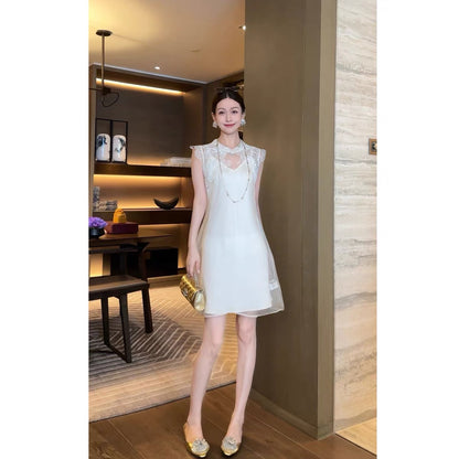 Wang Haha [Beauty Like Jade] Summer 2026 New Arrival: 100% Mulberry Silk Sleeveless Dress with Lace Embroidery